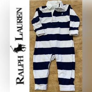 Ralph Lauren Infant Size 9‎ Mo Navy/White Stripe Cotton Rugby Coverall